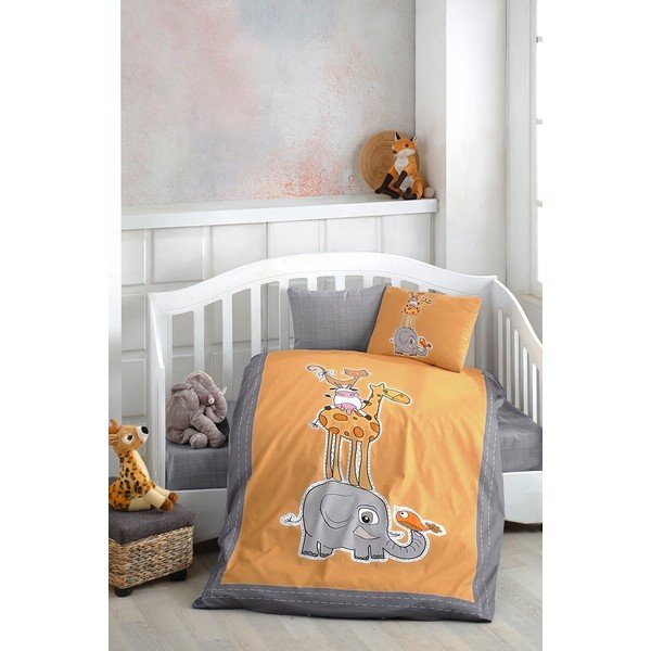 4-osaline puuvillane laste voodipesukomplekt koos linaga 100x150 cm Orange Animal - Mila Home-image-1