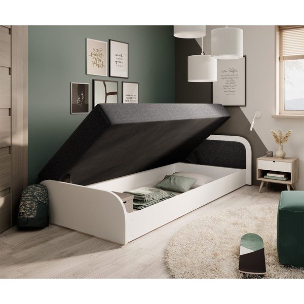 Valge/tumehall polsterdatud/puitlaastplaadist üheinimesevoodi panipaiga ja madratsiga 80x190 cm Parys - ELTAP-image-2