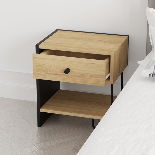 Must-puiduvärvi tammedekooriga öökapp koos riiulitega Saturne - Marckeric-image-2