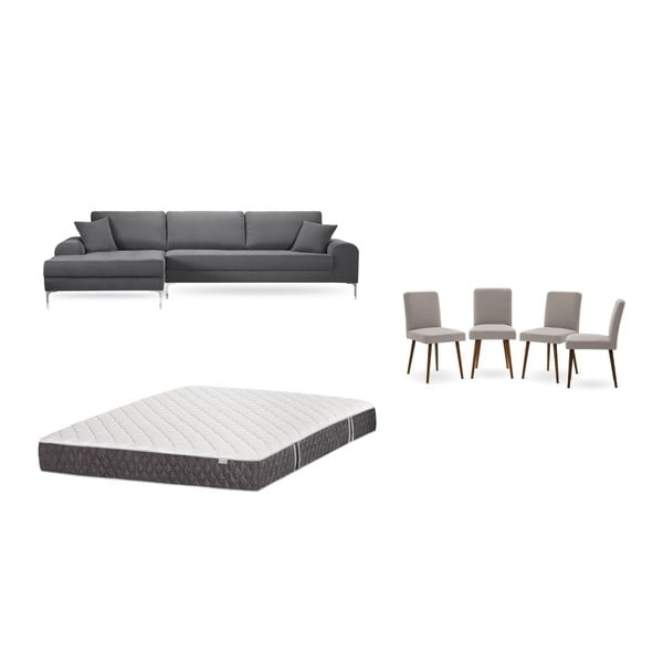 Set šedé pohovky s lenoškou vlevo, 4 šedobéžových židlí a matrace 160 x 200 cm Home Essentials