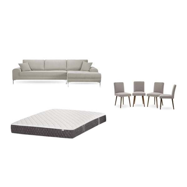 Set krémové pohovky s lenoškou vpravo, 4 šedobéžových židlí a matrace 160 x 200 cm Home Essentials