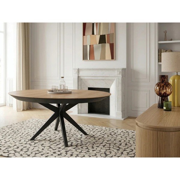 Ümmargune pikendatav söögilaud lisapealse plaadiga, tammepuust dekooriga ø 127 cm Judith - Bobochic Paris-image-2