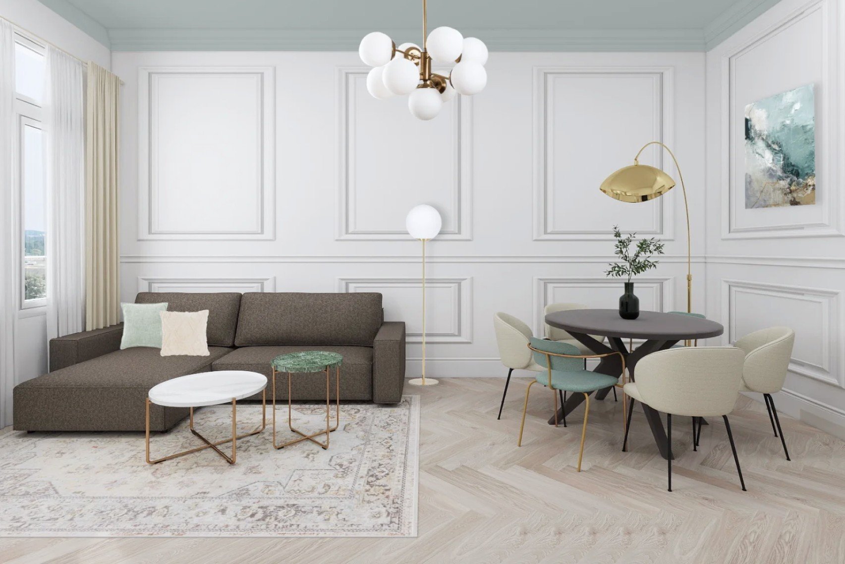 Eluruumide kujundus ühendab endas kõrged laed, sümmeetria ja peened glamuursed detailid.