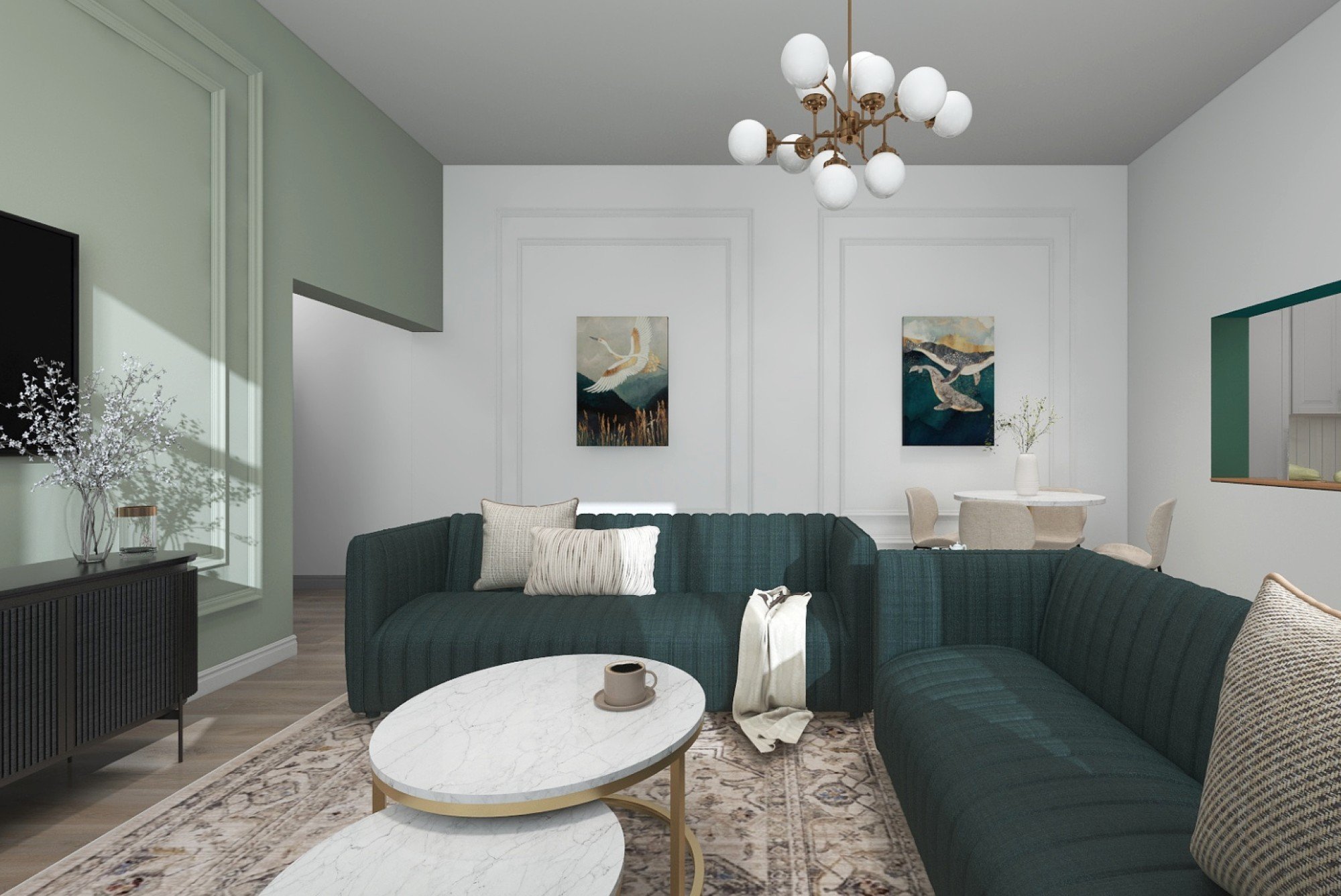 Silmatorkav diivan kujundati kogu eluruumi loomuliku keskpunktina, mille ümber igapäevaelu kulgeb. Värvilahendus ja mööbli paigutus soodustavad avatuse ja mugavuse tunnet.